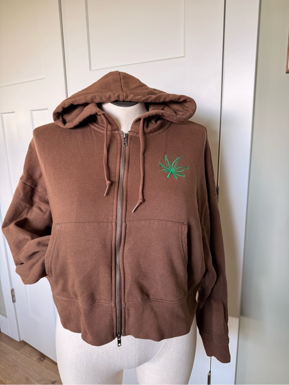 Empyre Brown Zip-Up Hoodie Sweatshirt with Green Leaf Embroidery